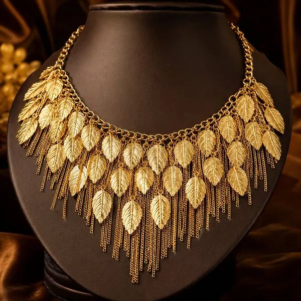 Gold Leaf Fringe Statement Necklace